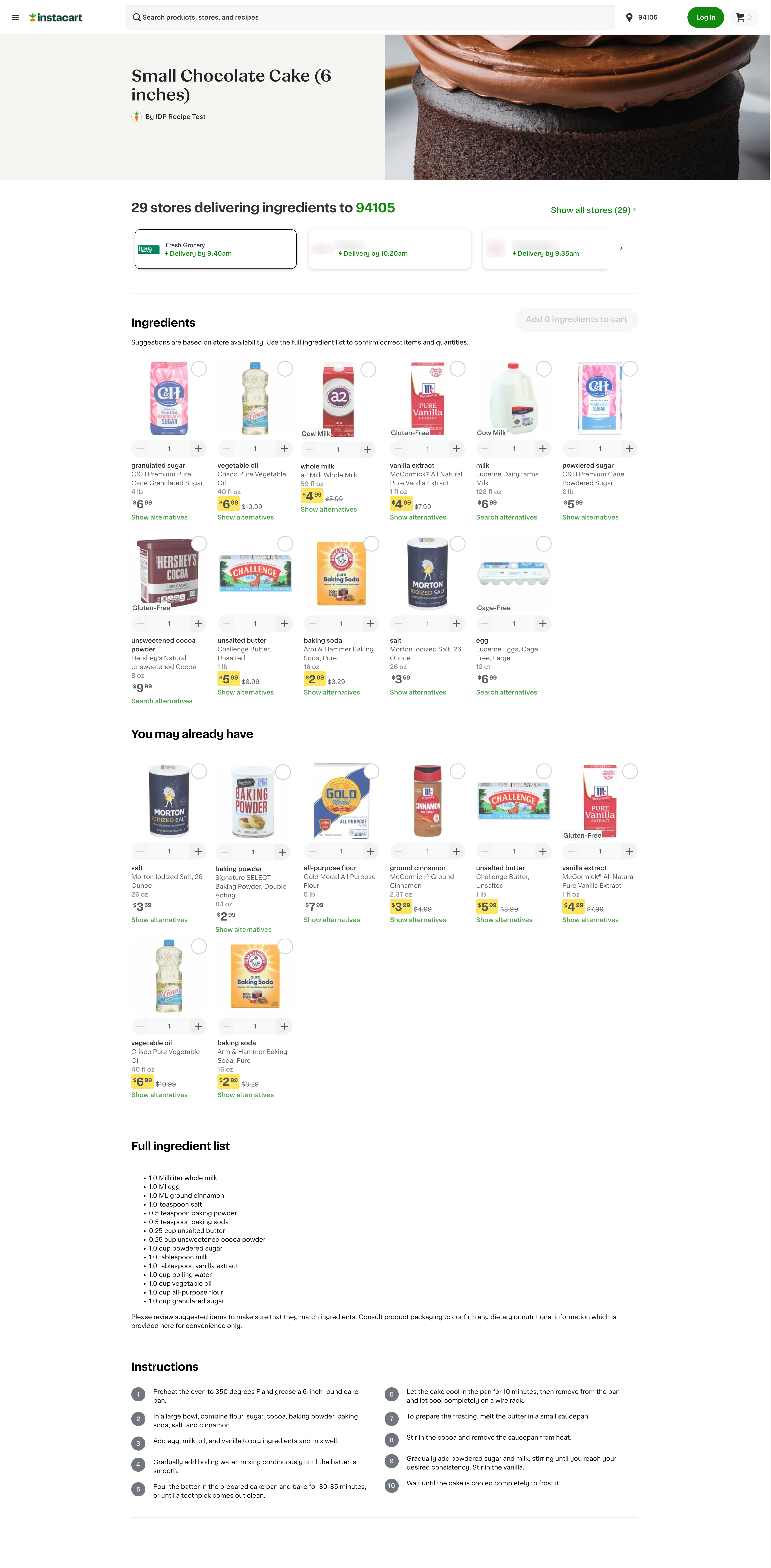 Shows a chocolate cake recipe page with a list of shoppable ingredients.